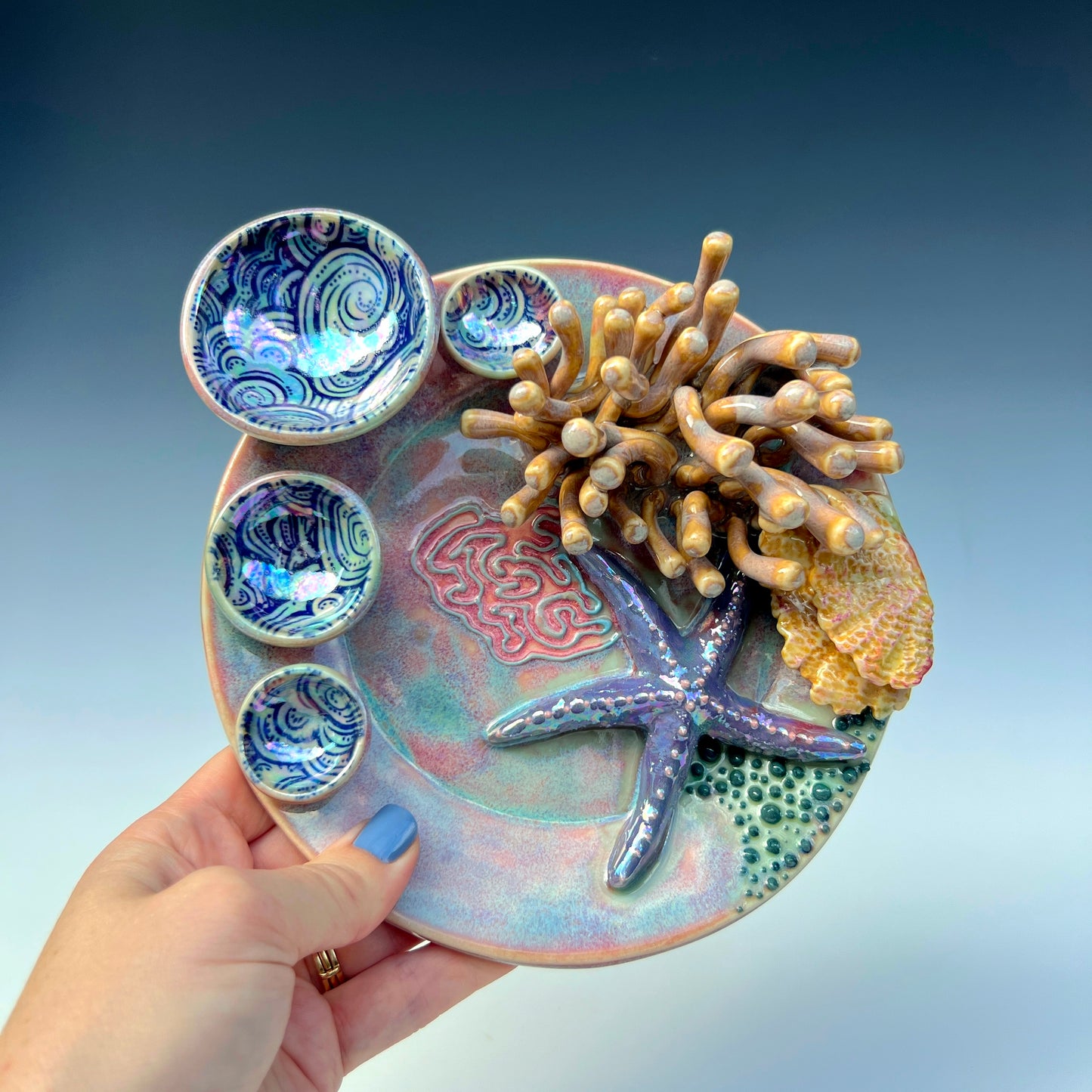 IMPERFCT Coral Reef Dish with Mini Bowls Iridescent Altar Ring Jewelry Tray Star Fish