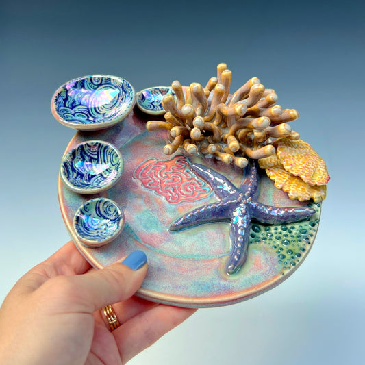 IMPERFCT Coral Reef Dish with Mini Bowls Iridescent Altar Ring Jewelry Tray Star Fish