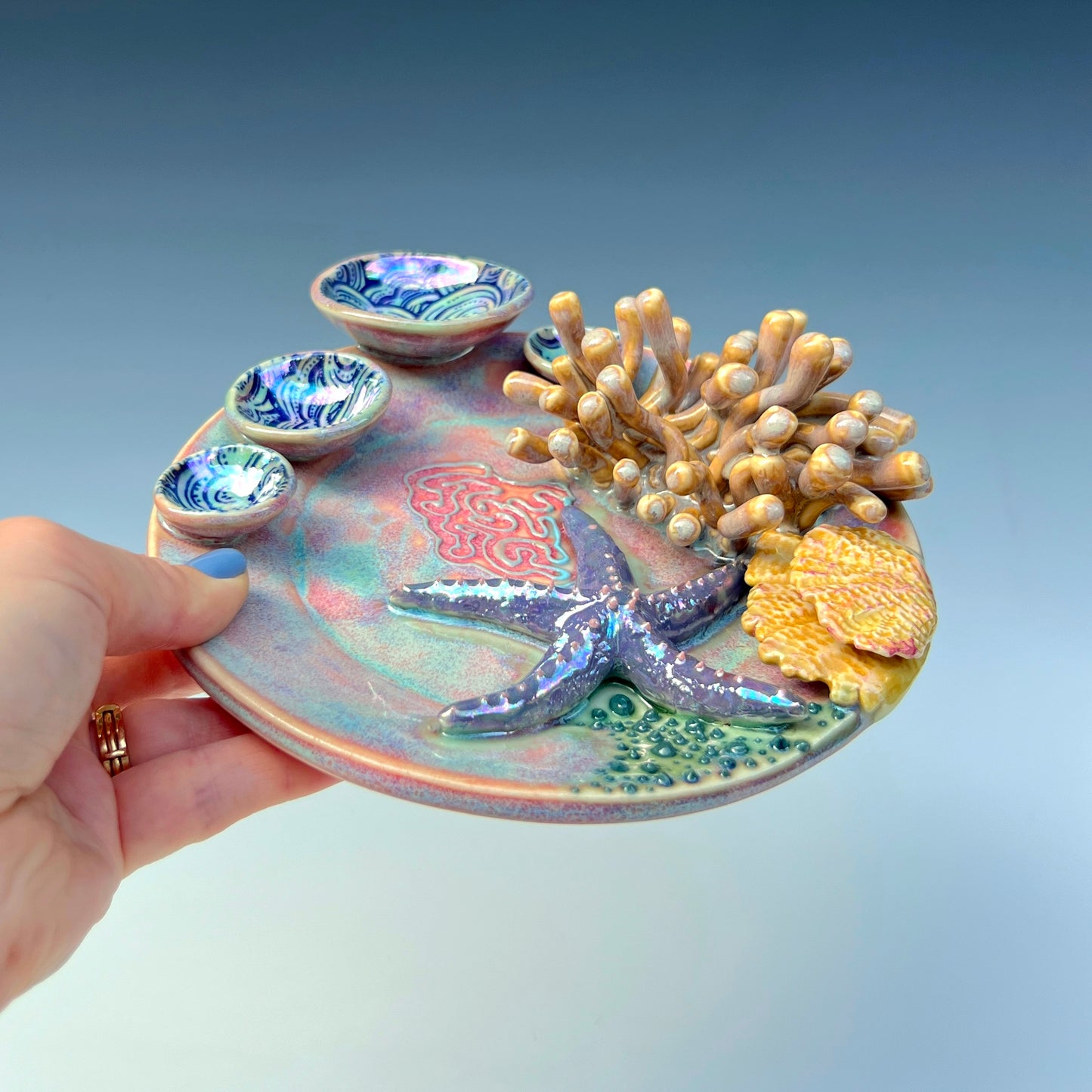 IMPERFCT Coral Reef Dish with Mini Bowls Iridescent Altar Ring Jewelry Tray Star Fish