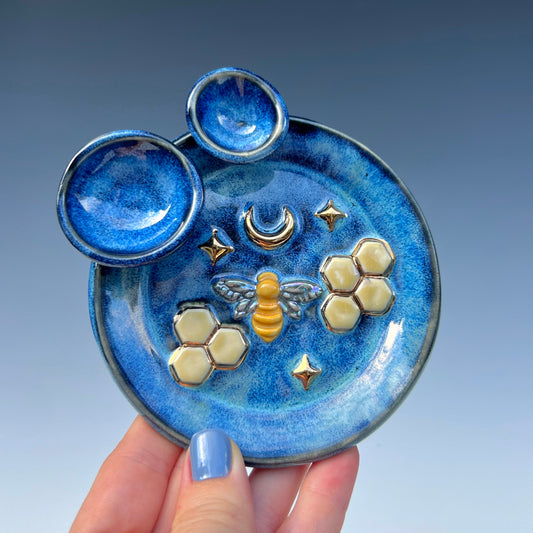 Honey Bee Dish Round Iridescent Altar Gold Star Jewelry Tray 2