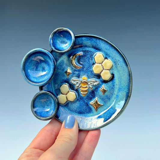Honey Bee Dish Round Iridescent Altar Gold Star Jewelry Tray