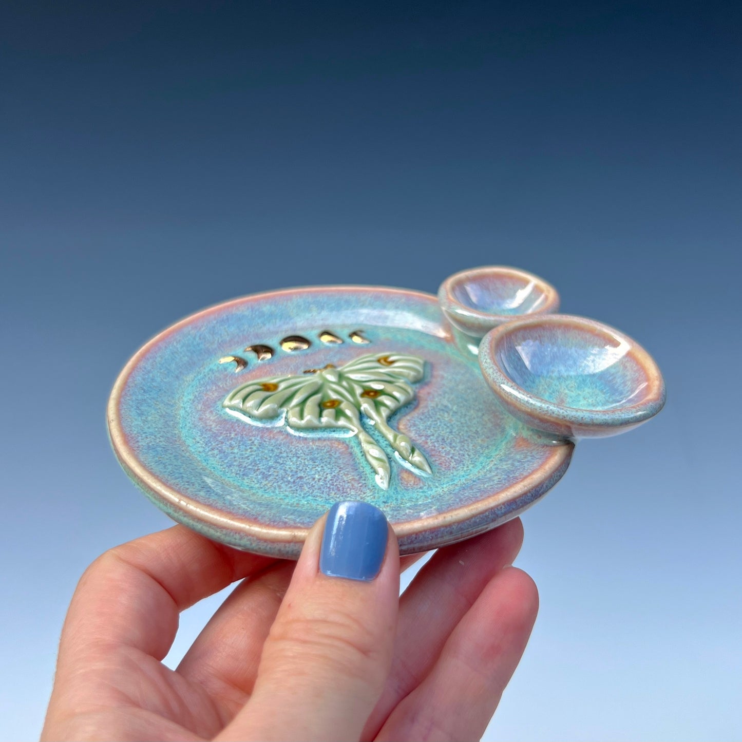 Luna Moth Round Iridescent Altar Gold Moon Jewelry Tray