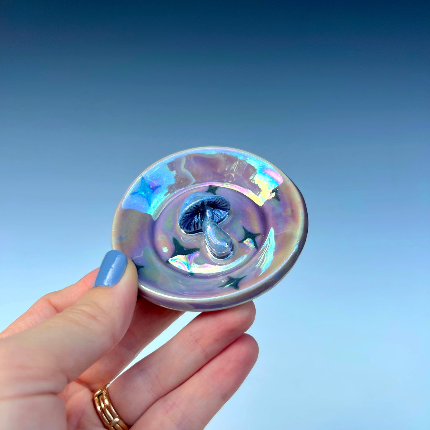 Mini Mushroom Dish Round Iridescent Altar Gold Star Jewelry Tray