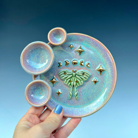 Luna Moth Dish Round Iridescent Altar Gold Star Jewelry Tray 3 Dish