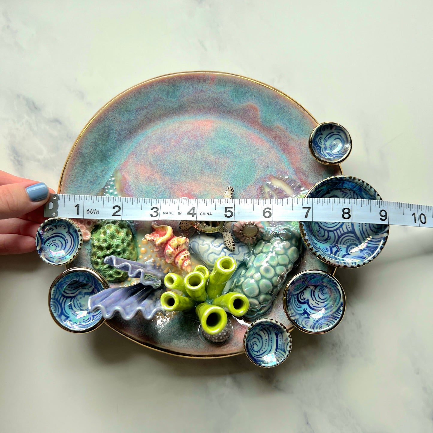 Gold Sea Turtle Coral Reef Dish with Mini Bowls Iridescent Altar Ring Jewelry Tray