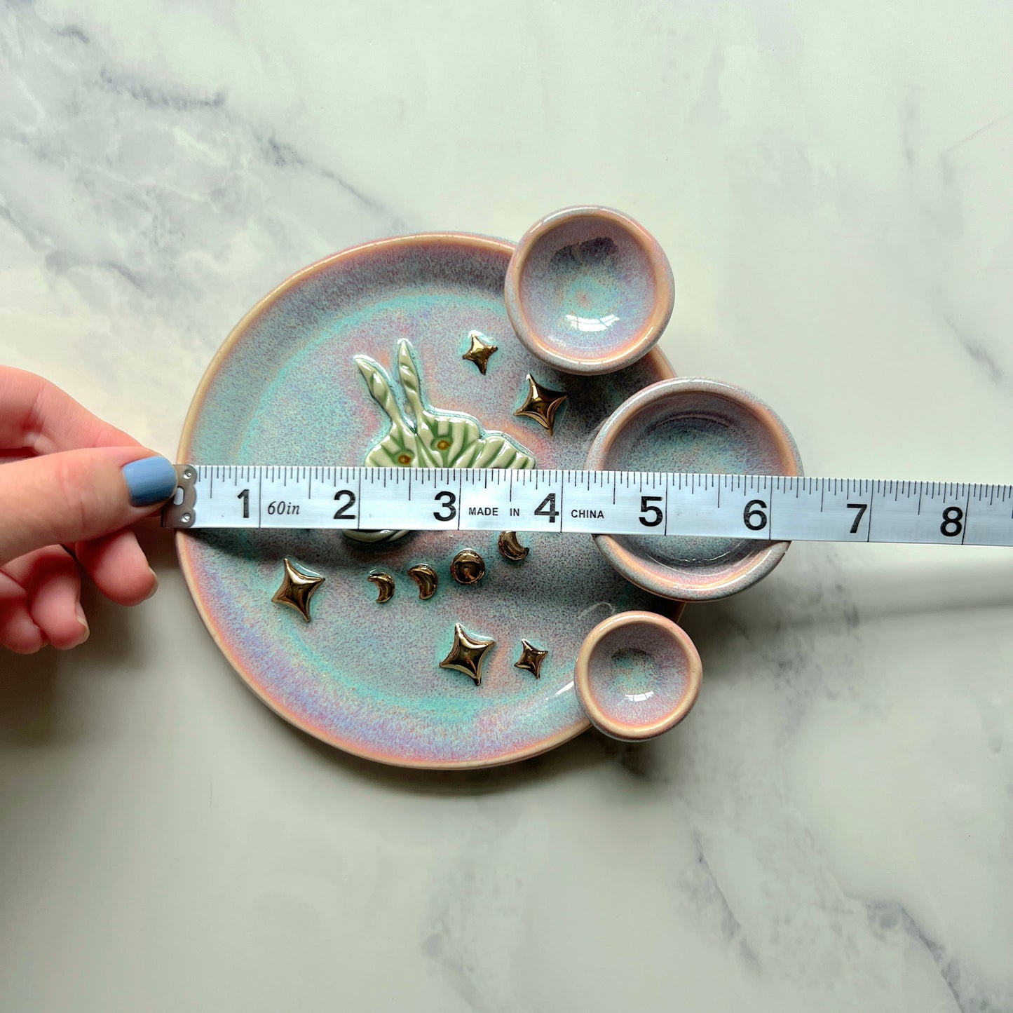 Luna Moth Dish Round Iridescent Altar Gold Star Jewelry Tray 3 Dish