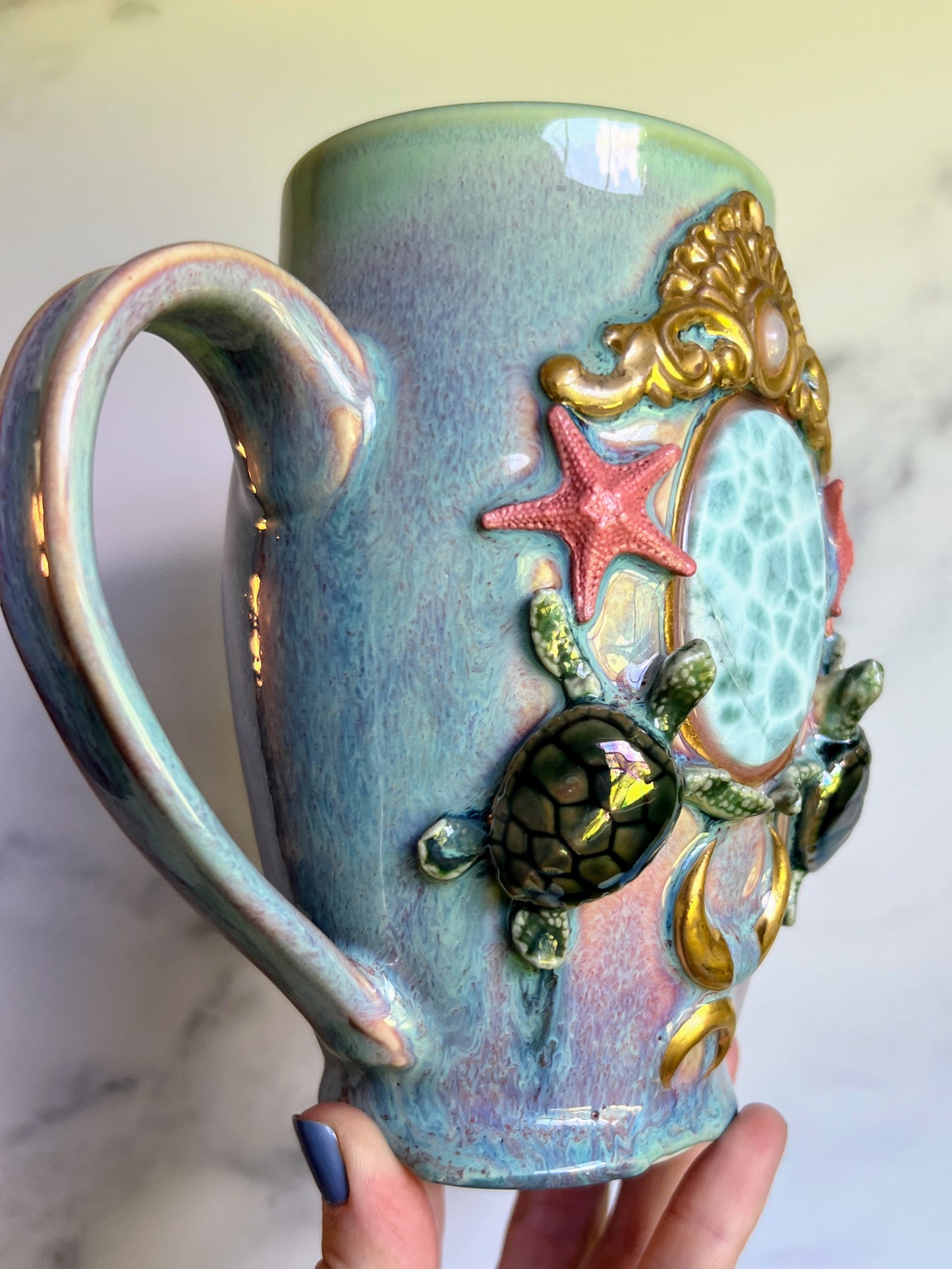 Larimar Mug, Royal Sea Turtles with Opal Porcelain Mug, Pottery Mug, Hand made Mug