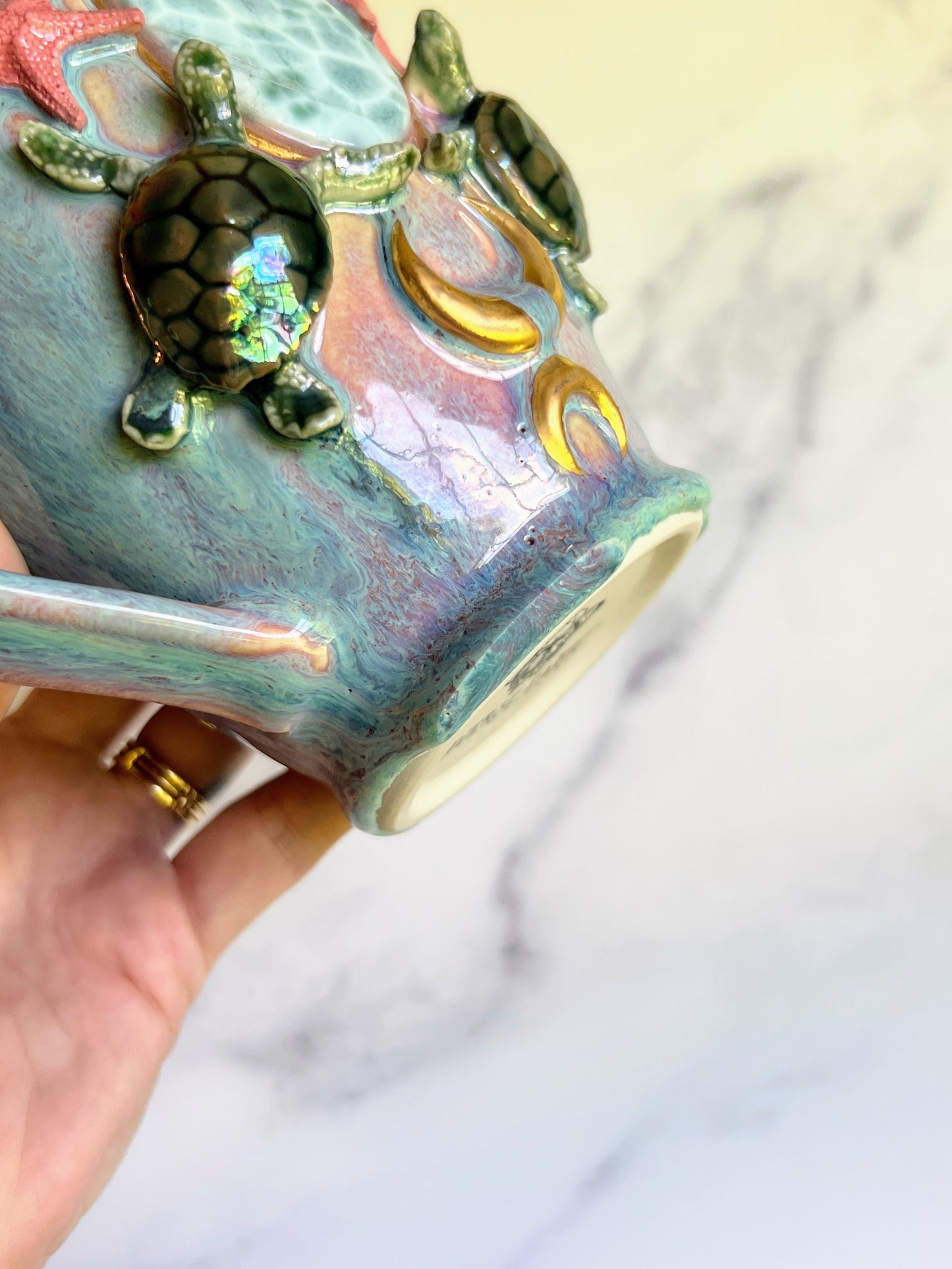 Larimar Mug, Royal Sea Turtles with Opal Porcelain Mug, Pottery Mug, Hand made Mug