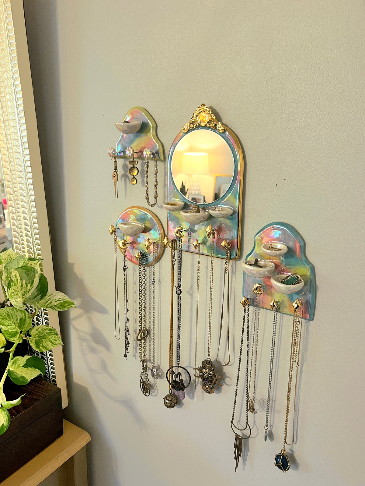 Arch Mirror Jewelry Wall Hanging Necklace Display with Ring Dishes