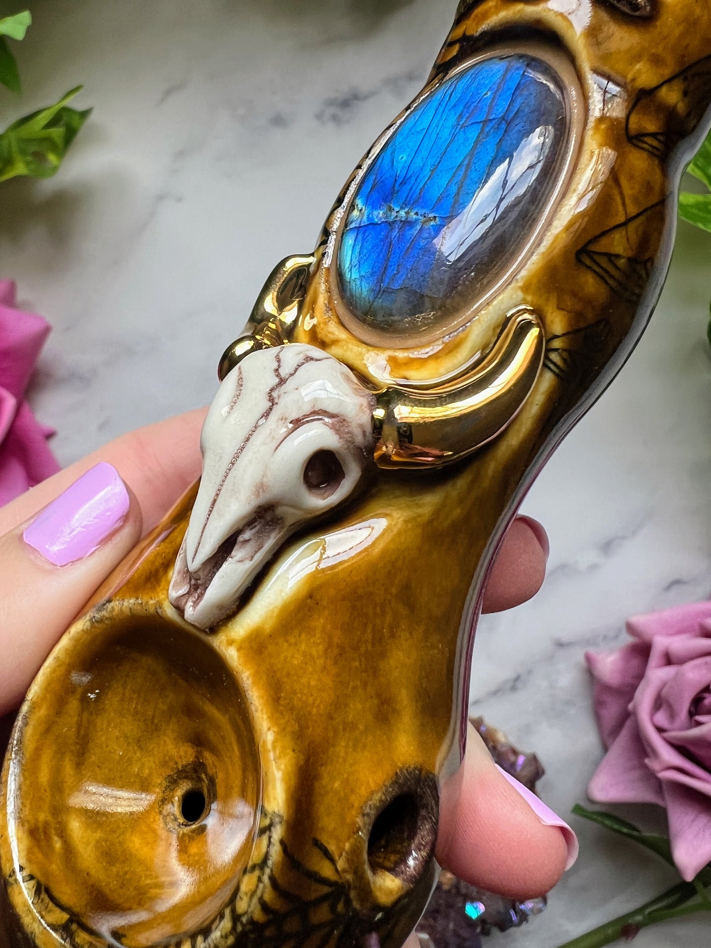 Blue Labradorite Pipe with Gold Bull Skull Porcelain Smoking Pipe Clay Pipe