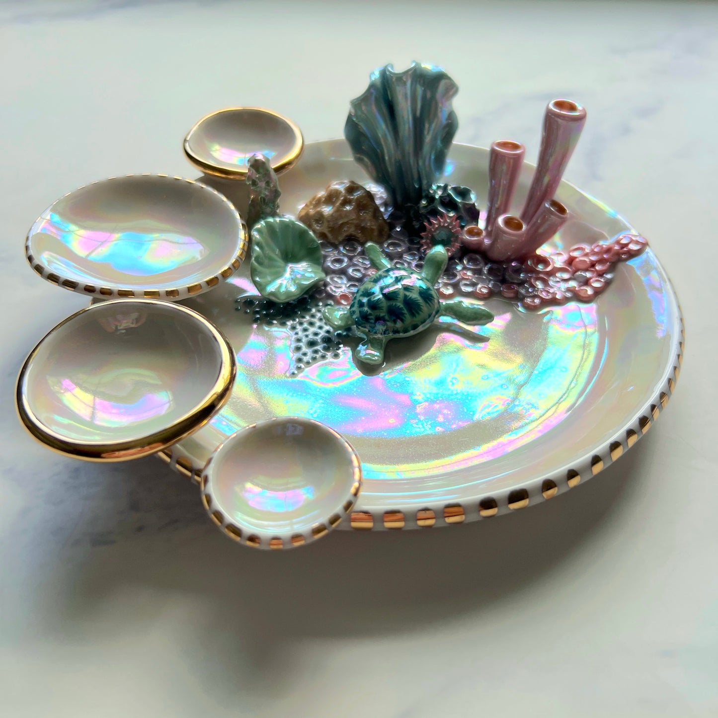 Mermaid Kisses - Coral Reef Sea Turtle Jewelry Dish Iridescent Infinity Tray
