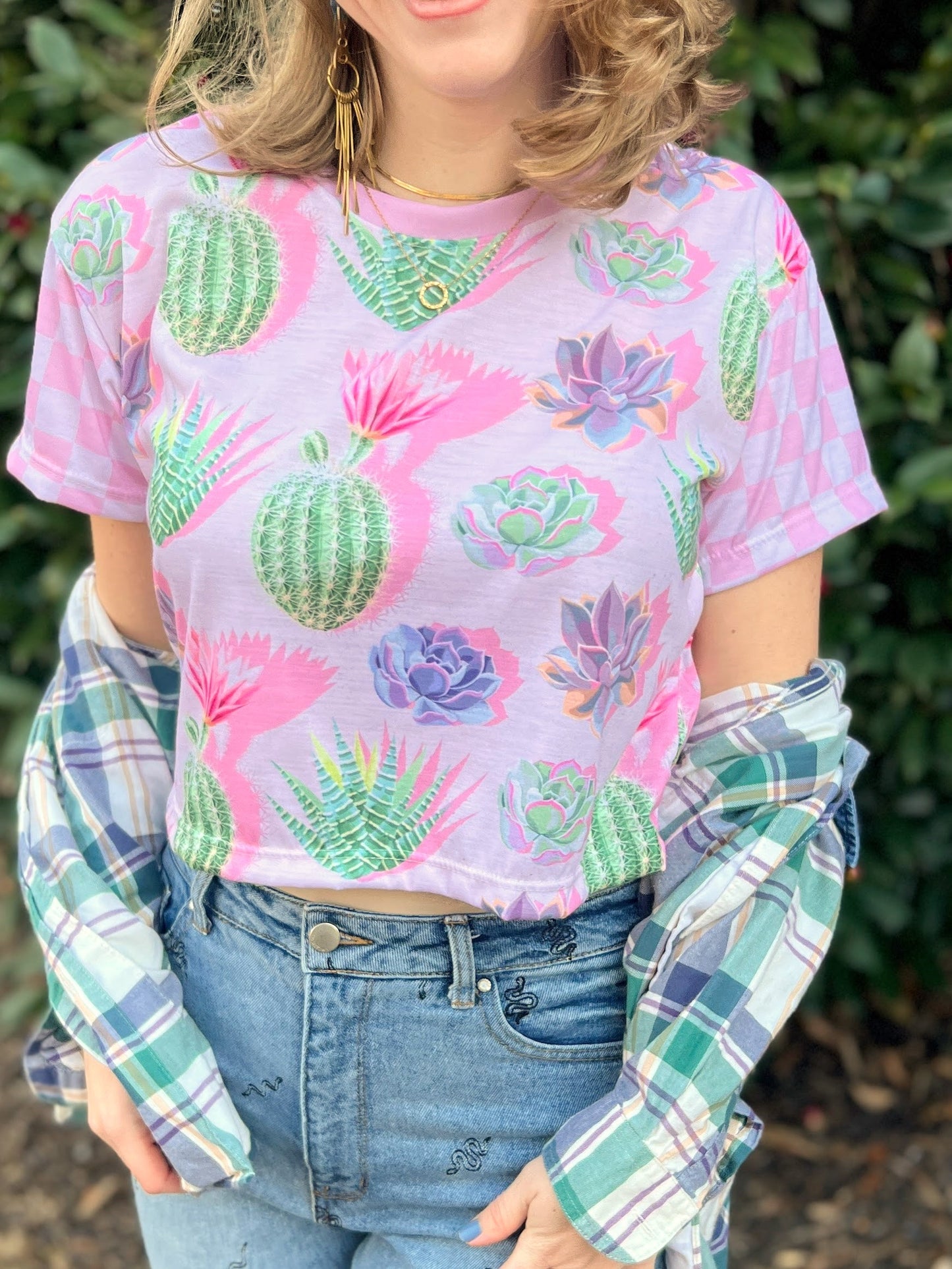 Succulent Cactus Crop Top Pink Checkered Crop Top