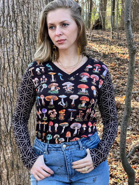 Long Sleeve Mushroom Shirt, Women's Long Sleeve V-neck Shirt, Vintage Mushroom Sacred Geometry Long Sleeve Shirt