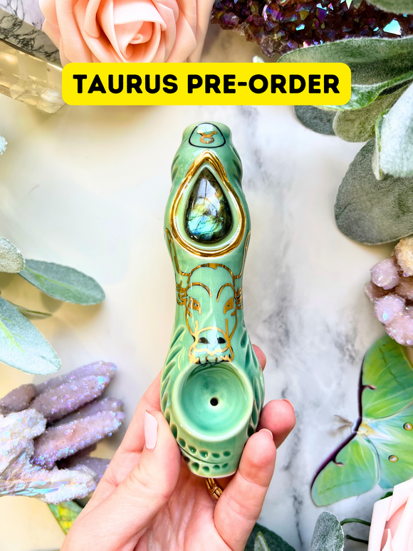 PRE-ORDER Taurus Pipe Custom with Crystal Porcelain Pipe Zodiac