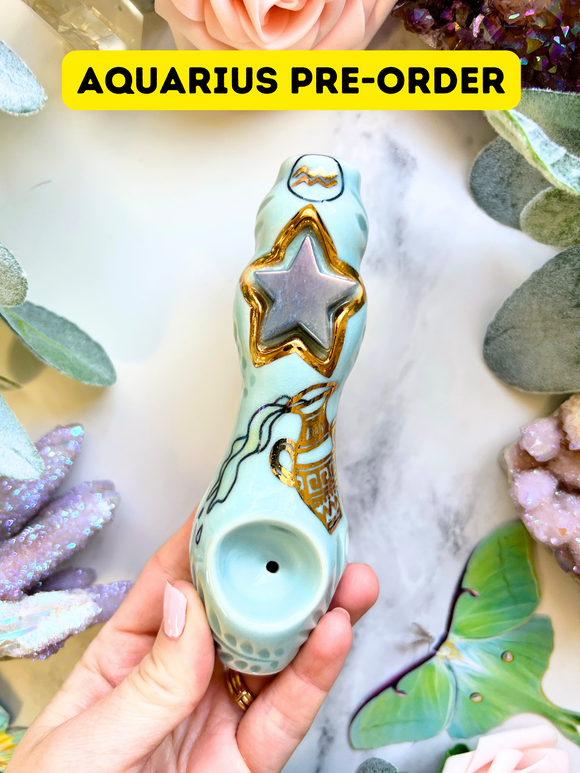 PRE-ORDER Aquarius Pipe Custom with Crystal Porcelain Pipe Zodiac
