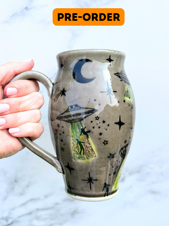PRE-ORDER UFO Abduction Porcelain Mug, Pottery Mug, Hand Made Mug