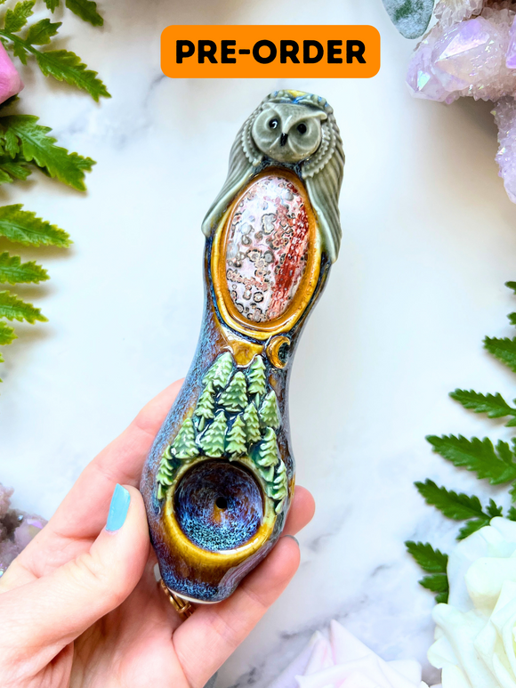 PRE-ORDER Leopard Skin Jasper Pipe with Owl and Forest Trees Glow in the Dark Porcelain Smoking Pipe