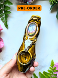 Pre-Order Blue Labradorite Pipe, Gold Bull Skull Spooky Porcelain Smoking Pipe Clay Pipe