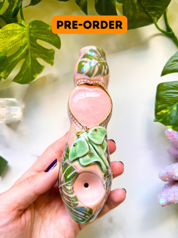 PRE-ORDER Rose Quartz Heart Premium Pipe Monstera Leaf Iridescent Carved Details, Glow in the Dark Porcelain Smoking Pipe