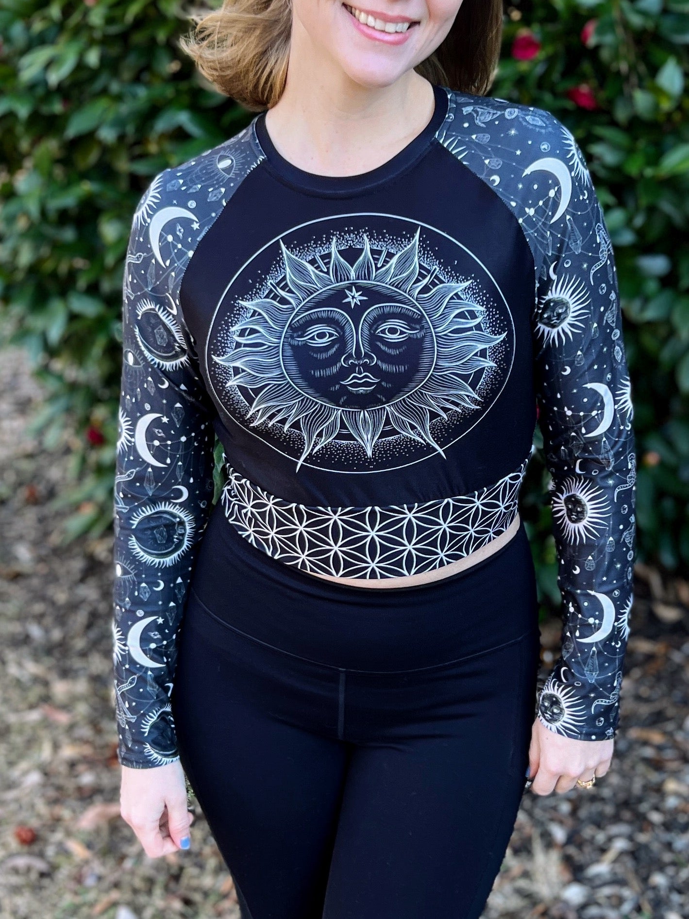 Cosmic Sun Goddess Recycled long-sleeve crop top