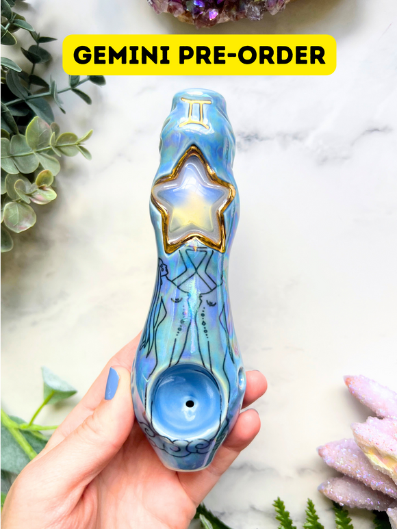 PRE-ORDER Gemini Pipe Custom with Crystal Porcelain Pipe Zodiac