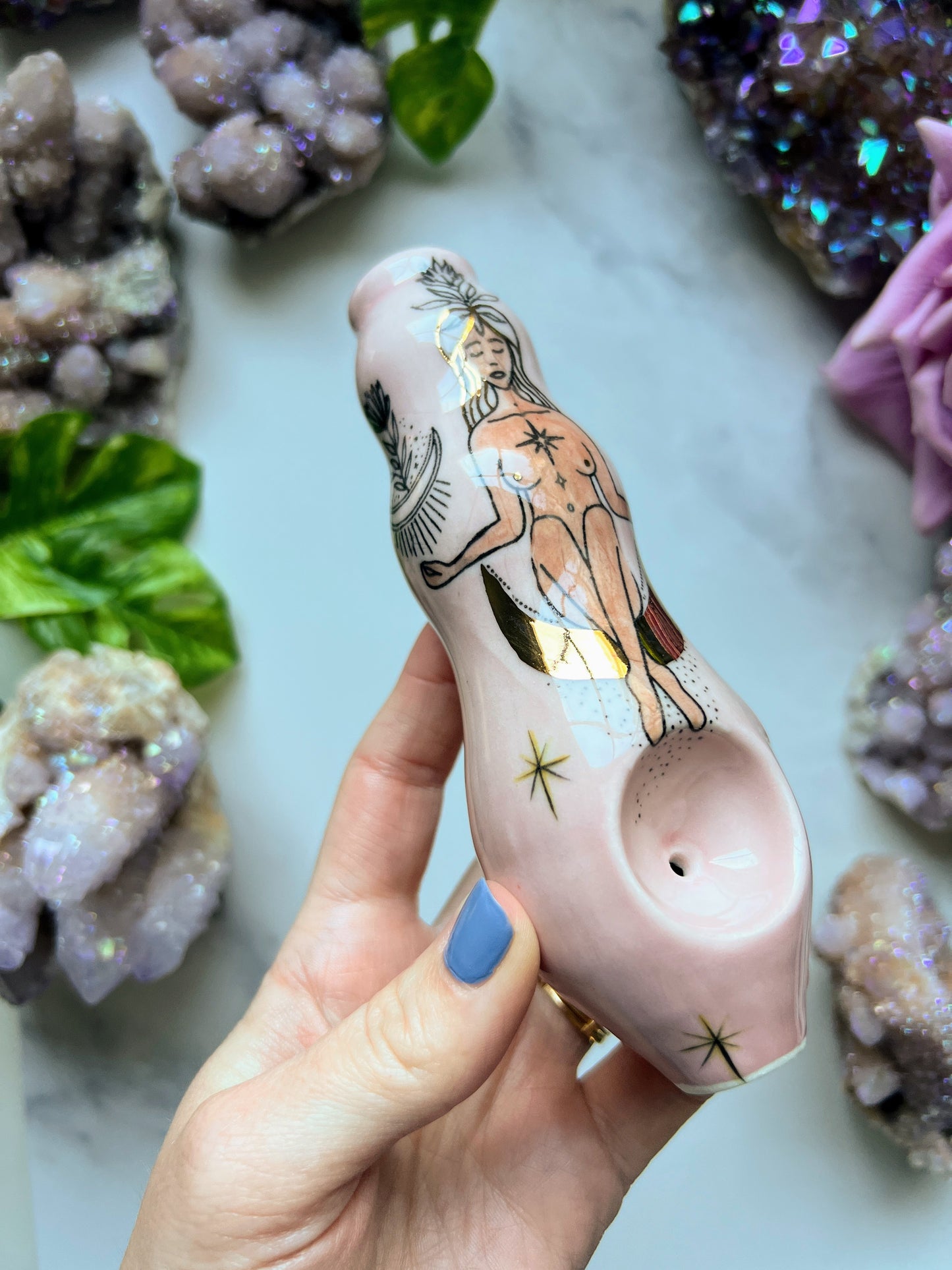 Gold Moon Goddess Pipe,  Iridescent Pink Porcelain Pipe