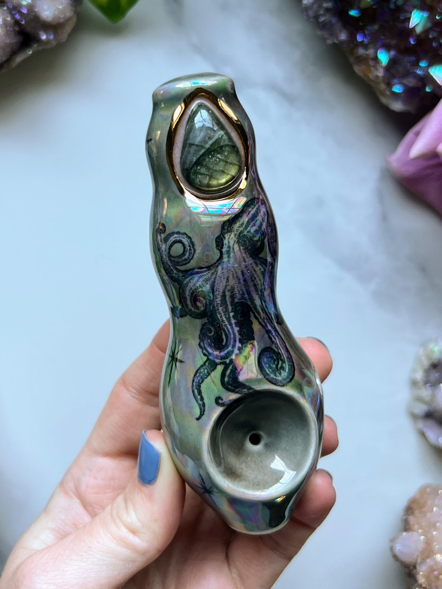Labradorite Pipe with Irridescent Octopus Porcelain Smoking Pipe Clay Pipe