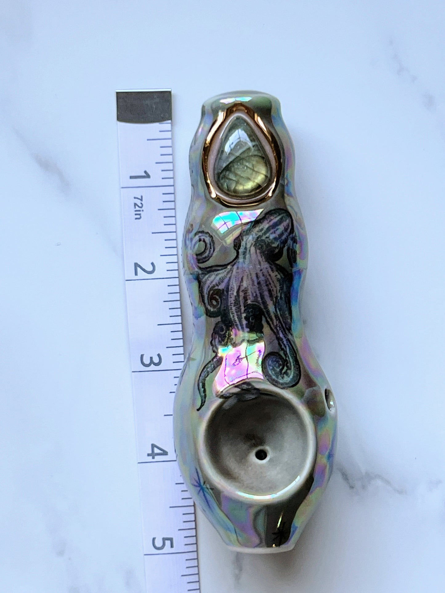 Labradorite Pipe with Irridescent Octopus Porcelain Smoking Pipe Clay Pipe