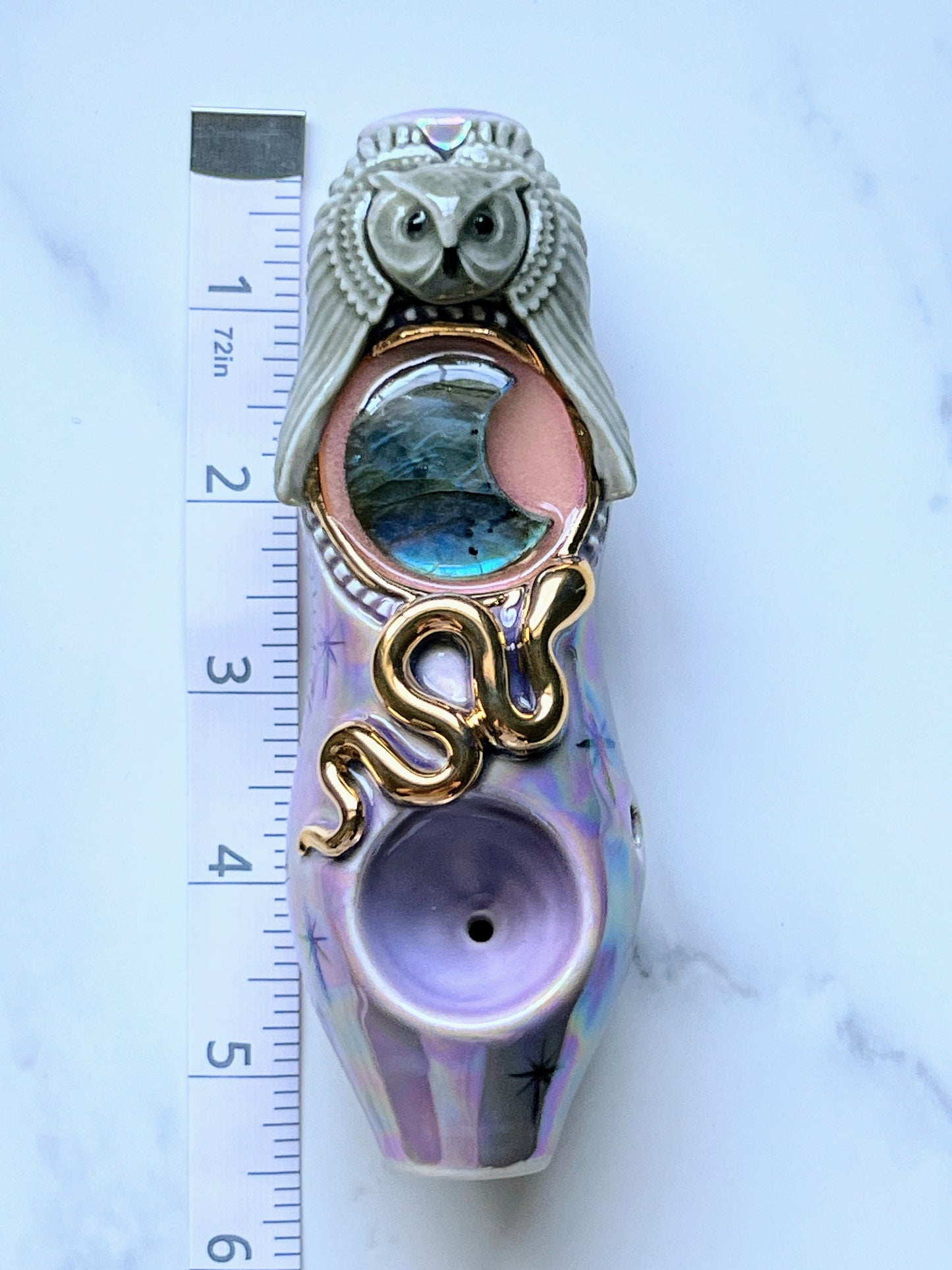 Labradorite Moon Pipe with Gold Snake and Owl Porcelain Smoking Pipe Clay Pipe