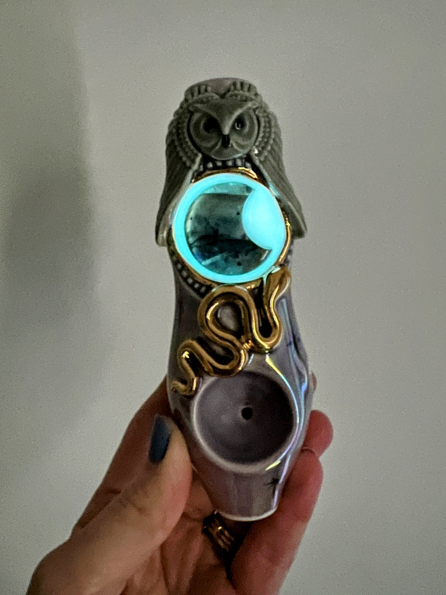 Labradorite Moon Pipe with Gold Snake and Owl Porcelain Smoking Pipe Clay Pipe