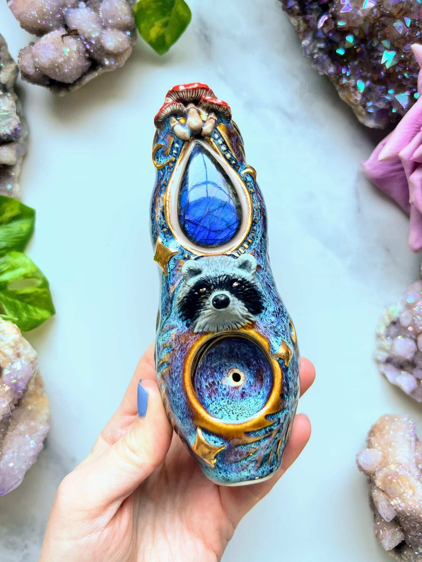 Blue Labradorite Pipe with Racoon and Mushroom Porcelain Smoking Pipe Clay Pipe