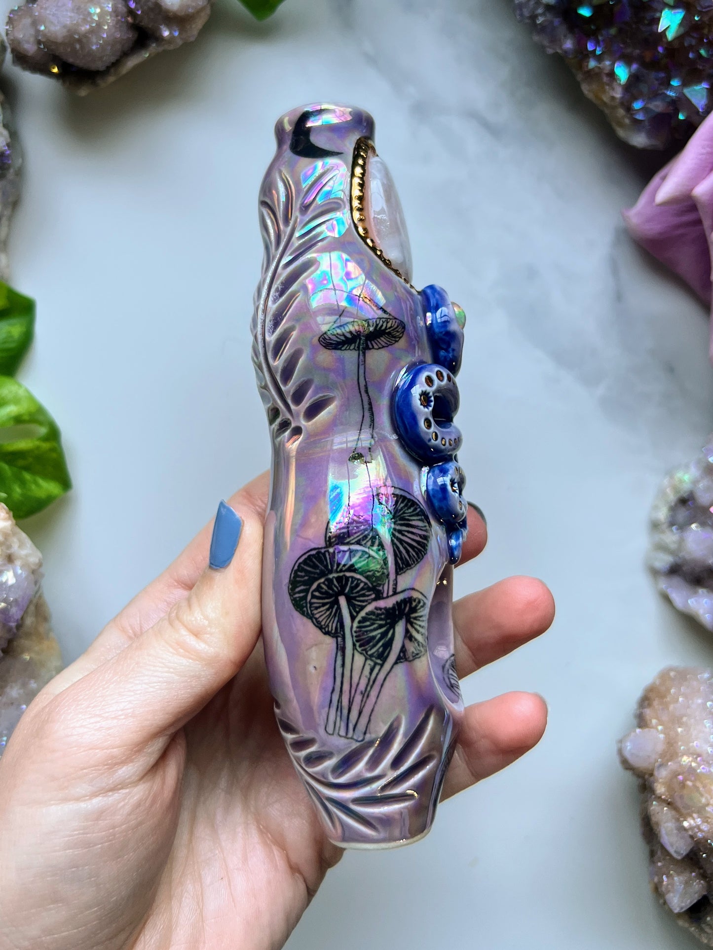 Moonstone Opal Crystal Pipe Dreamy Snake Porcelain Ceramic Smoking Pipe
