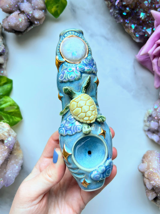 Moonstone Crystal Pipe Dreamy Clouds and Stars Porcelain Ceramic Smoking Pipe