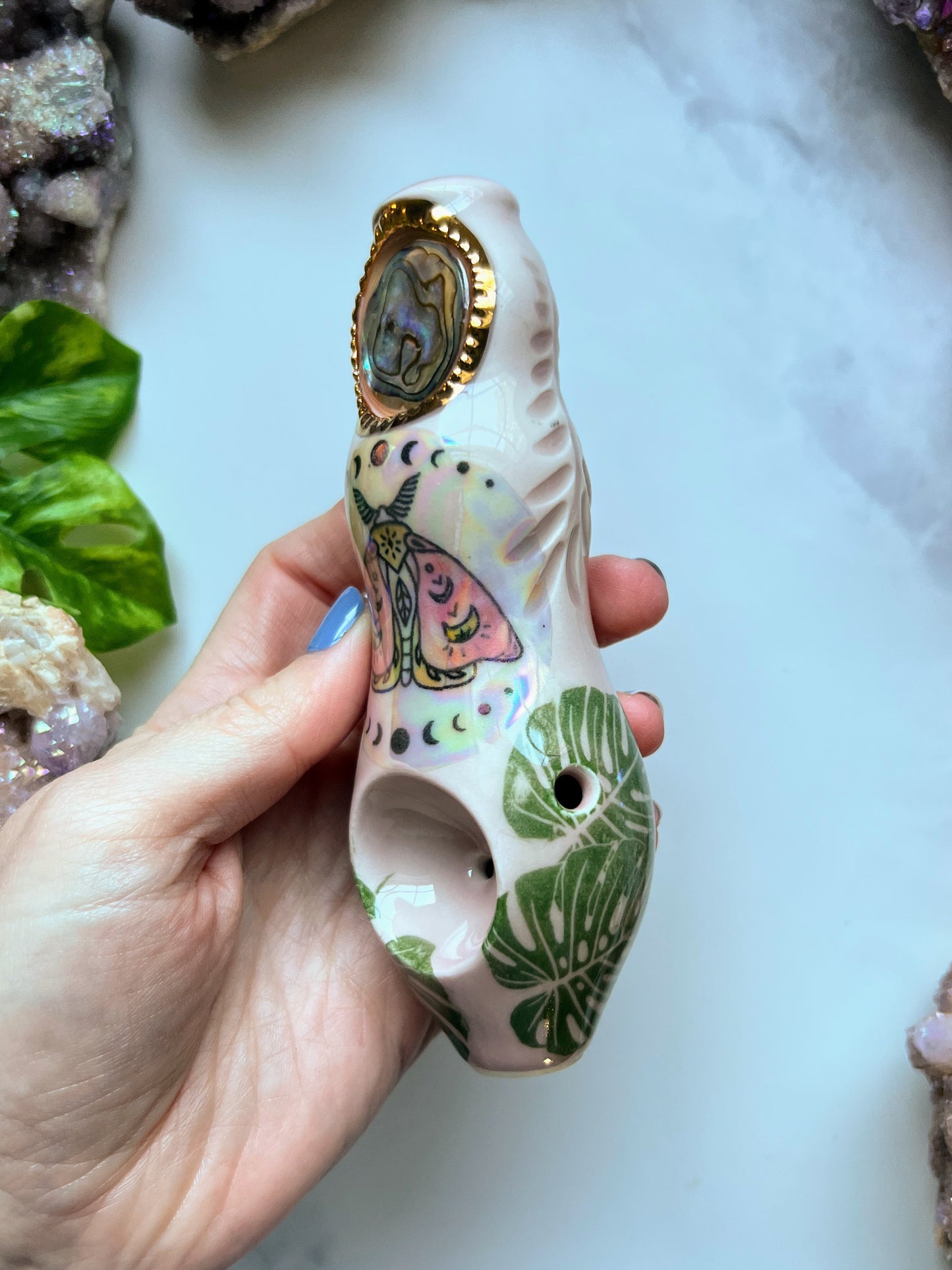 Abalone Pipe with Moth and Monstera Leaves  Ceramic Porcelain Smoking Pipe Clay Pipe