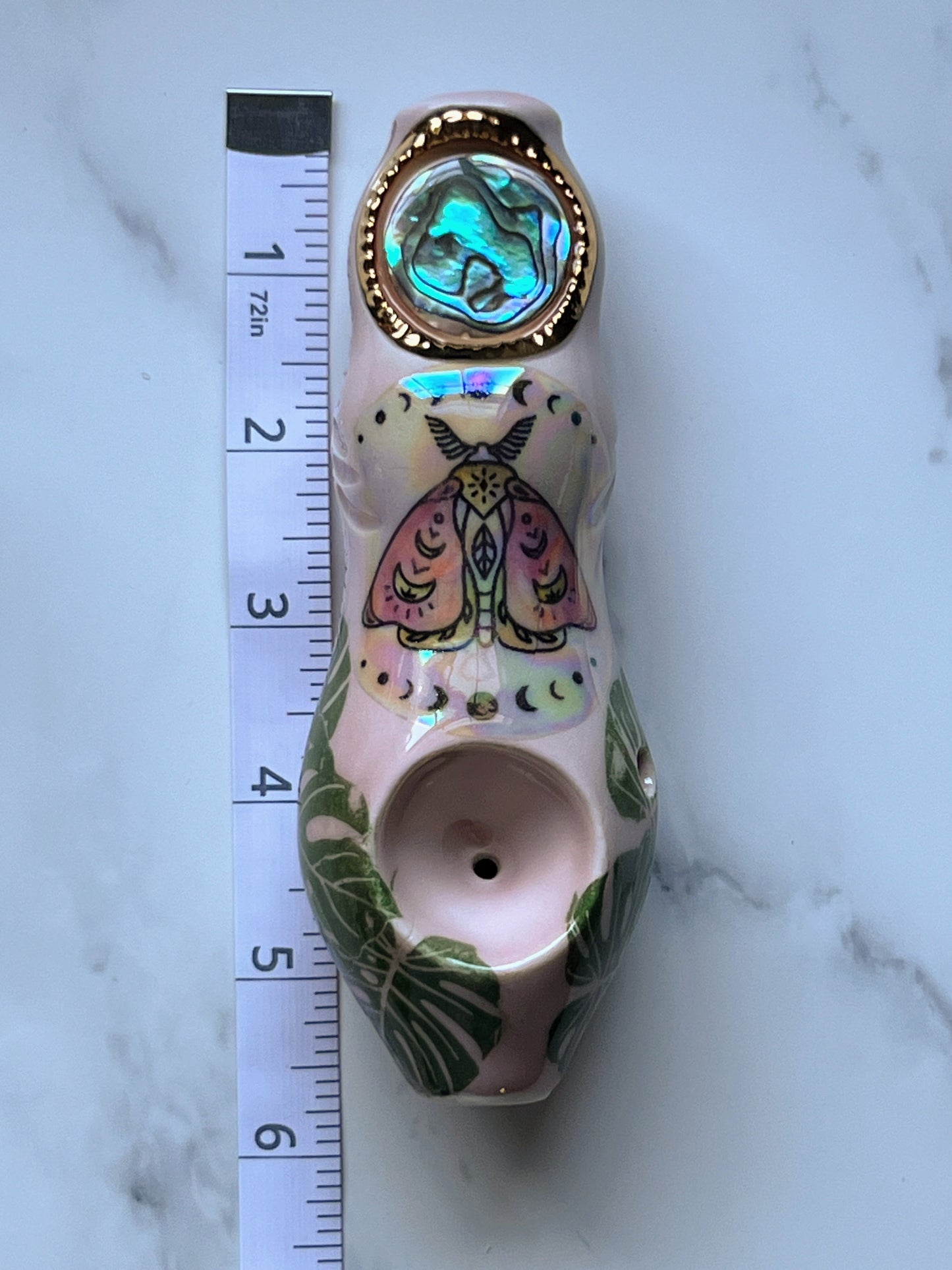 Abalone Pipe with Moth and Monstera Leaves  Ceramic Porcelain Smoking Pipe Clay Pipe