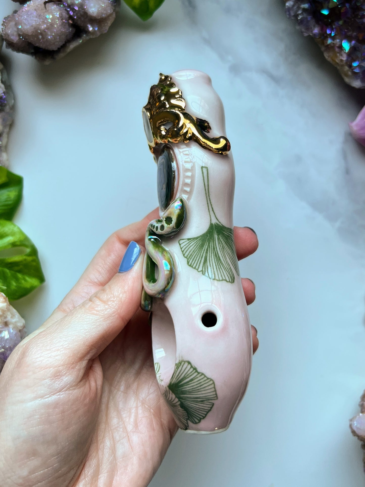 Abalone Pipe with Gold Filigree and Snake Ceramic Porcelain Smoking Pipe Clay Pipe