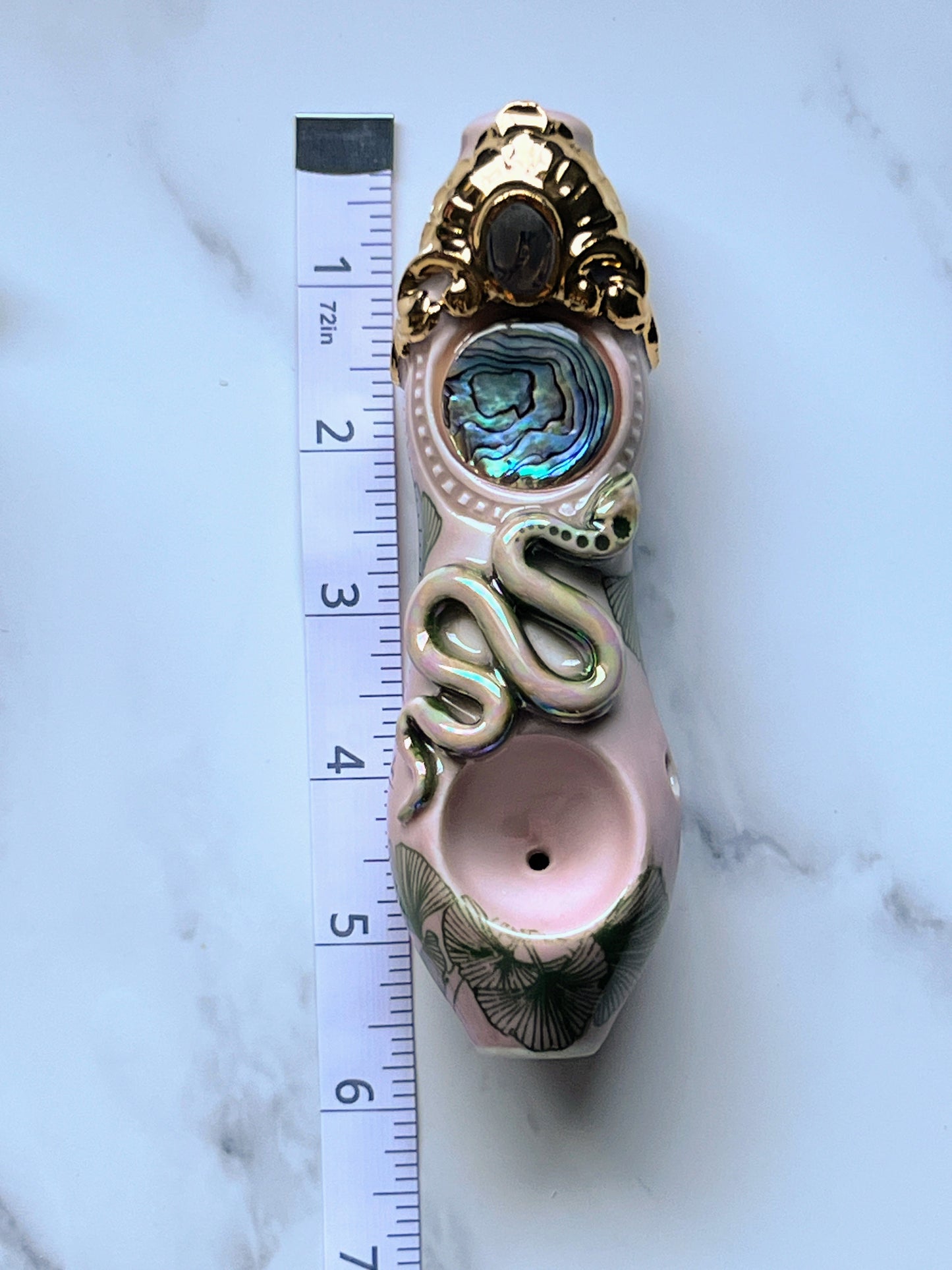 Abalone Pipe with Gold Filigree and Snake Ceramic Porcelain Smoking Pipe Clay Pipe
