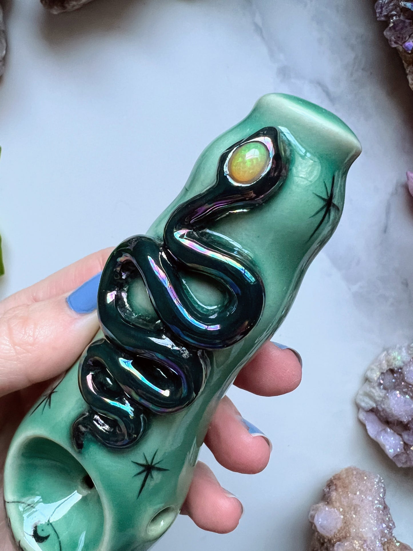 Opal Snake Pipe, Irridescent Porcelain Ceramic Smoking Pipe