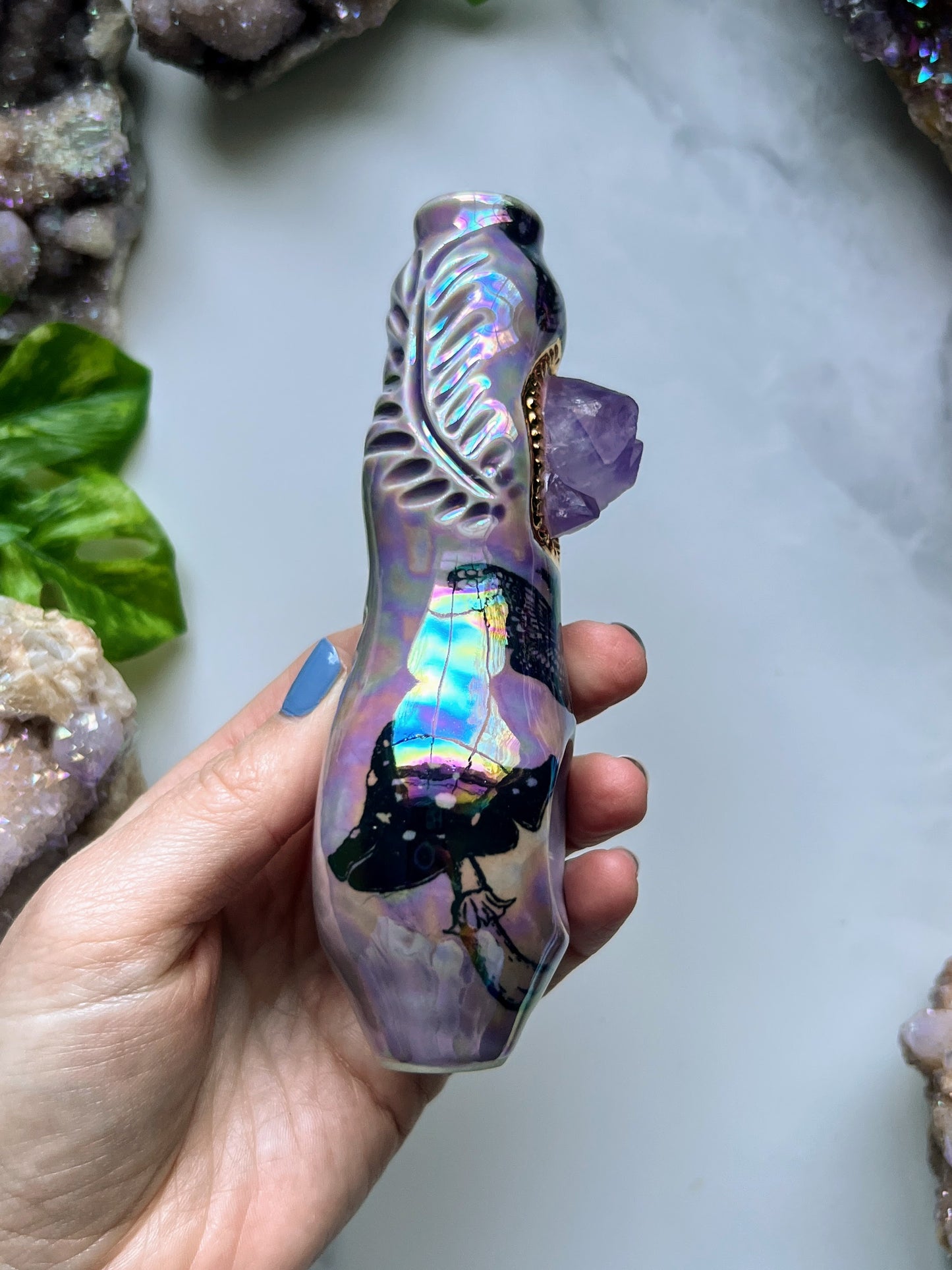 Amethyst Pipe with Deathhead Moth and Mushrooms Iridescent Porcelain Smoking Pipe