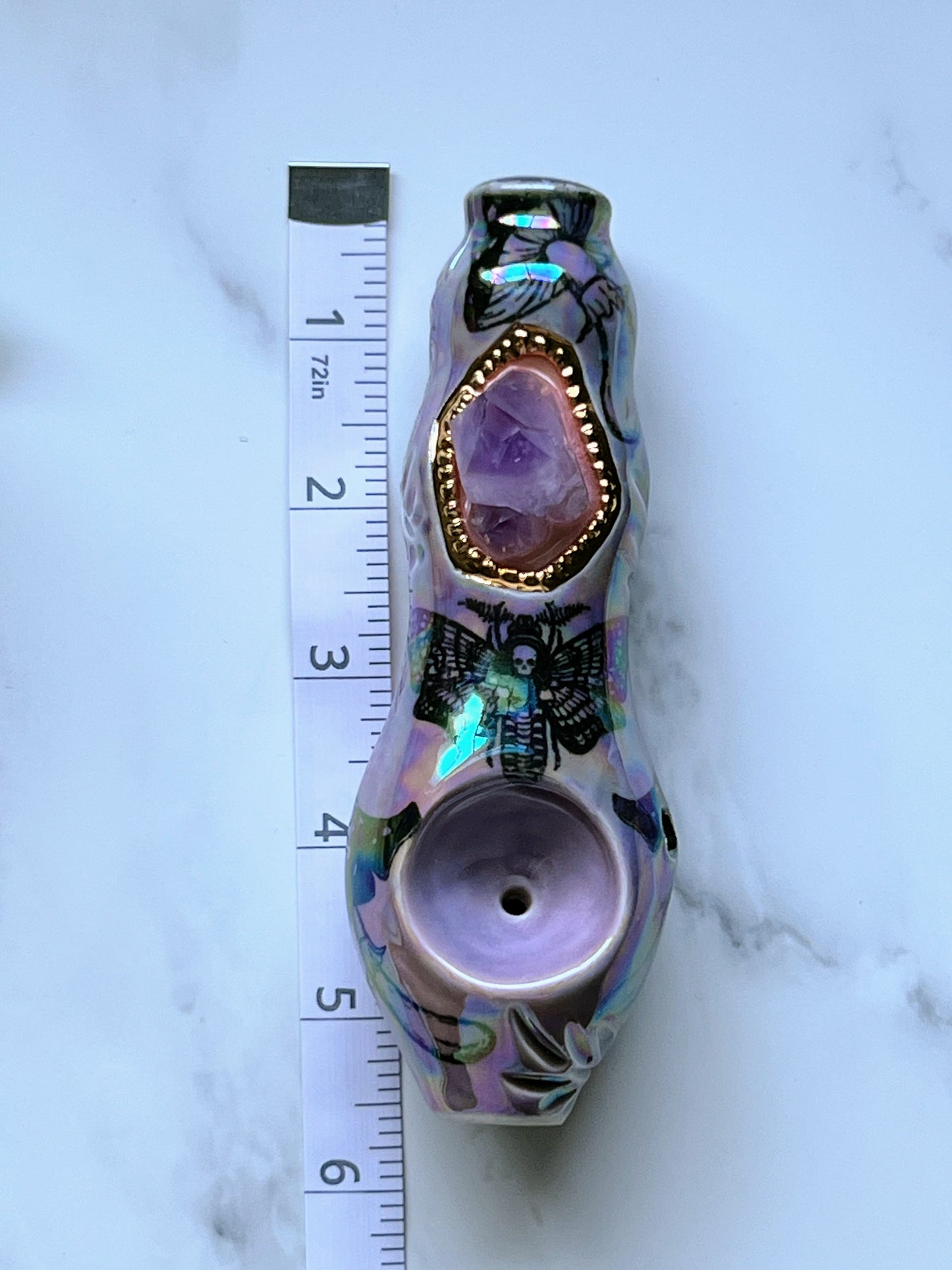 Amethyst Pipe with Deathhead Moth and Mushrooms Iridescent Porcelain Smoking Pipe
