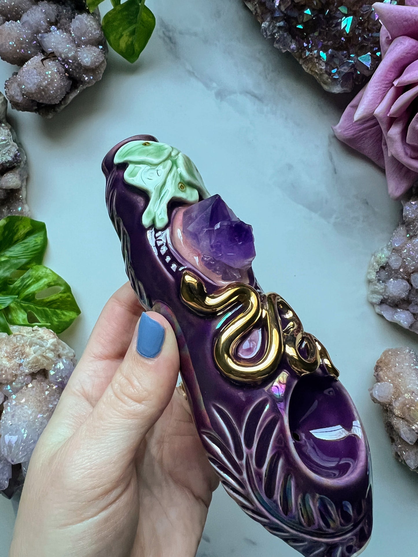 Amethyst Pipe with Luna Moth and Gold Snake Iridescent Porcelain Smoking Pipe