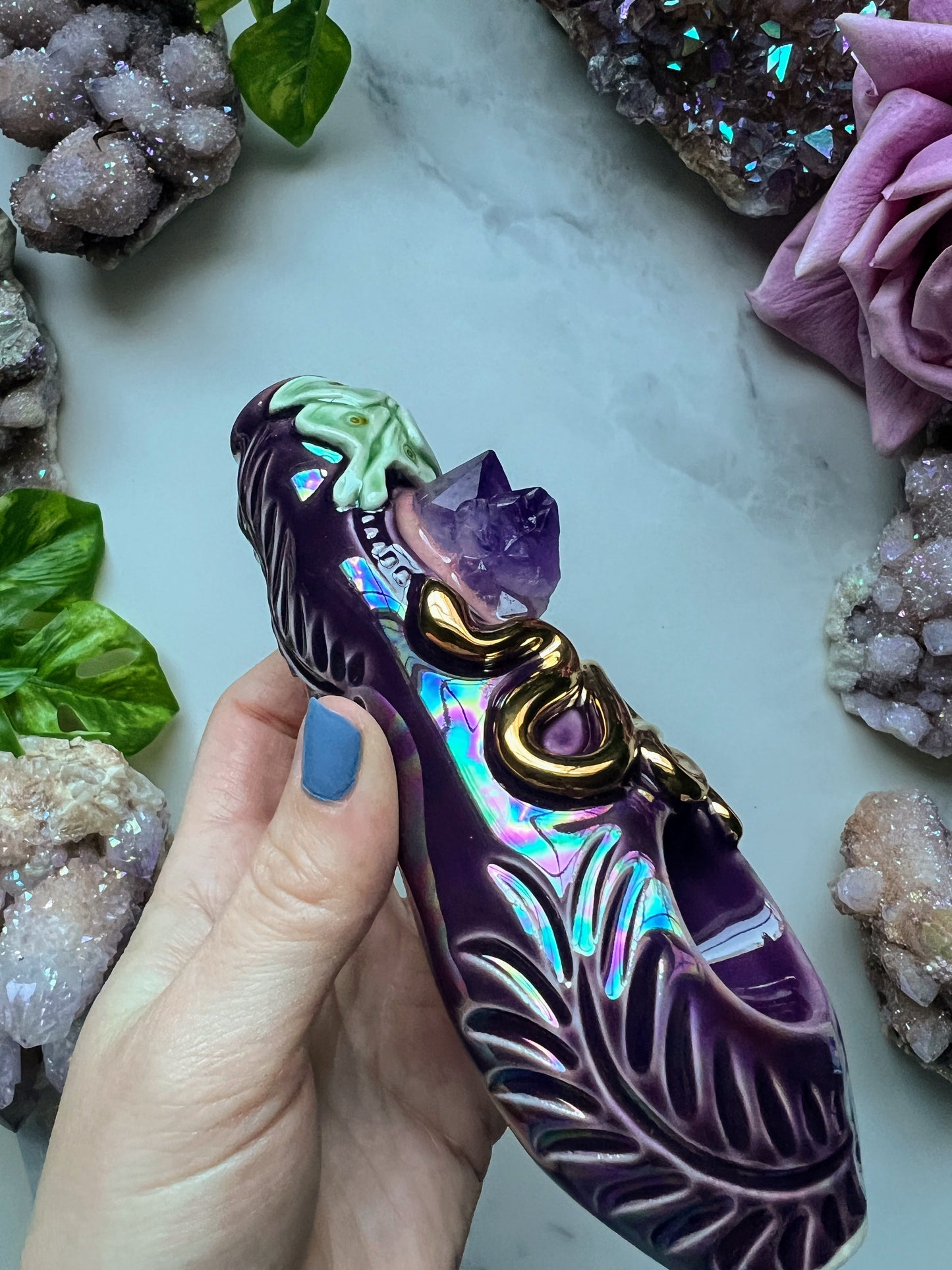 Amethyst Pipe with Luna Moth and Gold Snake Iridescent Porcelain Smoking Pipe