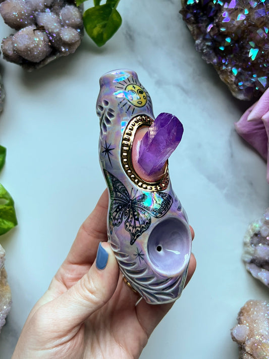 Purple Aura Quartz Pipe Butterfly and Sun Iridescent Glow in the Dark Porcelain Pipe