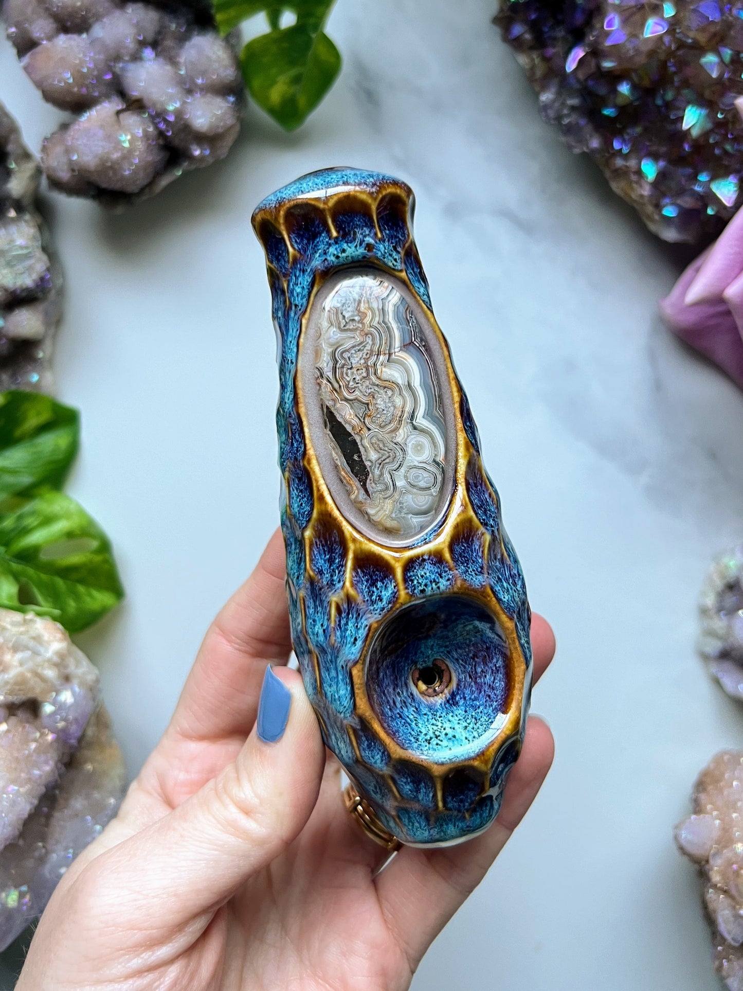 Crazy Lace Agate Pipe Honey Comb Carved Details, Porcelain Ceramic Smoking Pipe