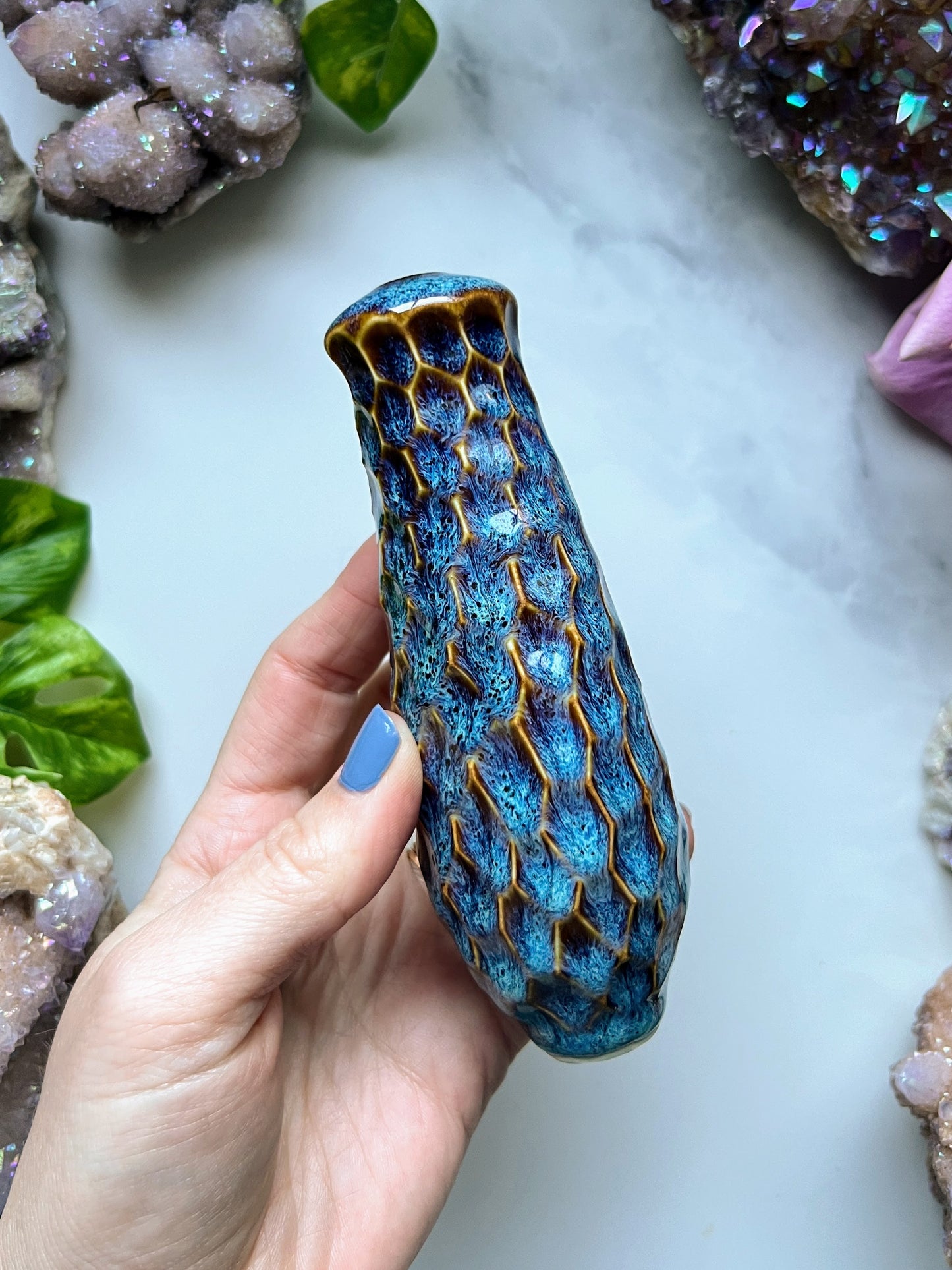 Crazy Lace Agate Pipe Honey Comb Carved Details, Porcelain Ceramic Smoking Pipe