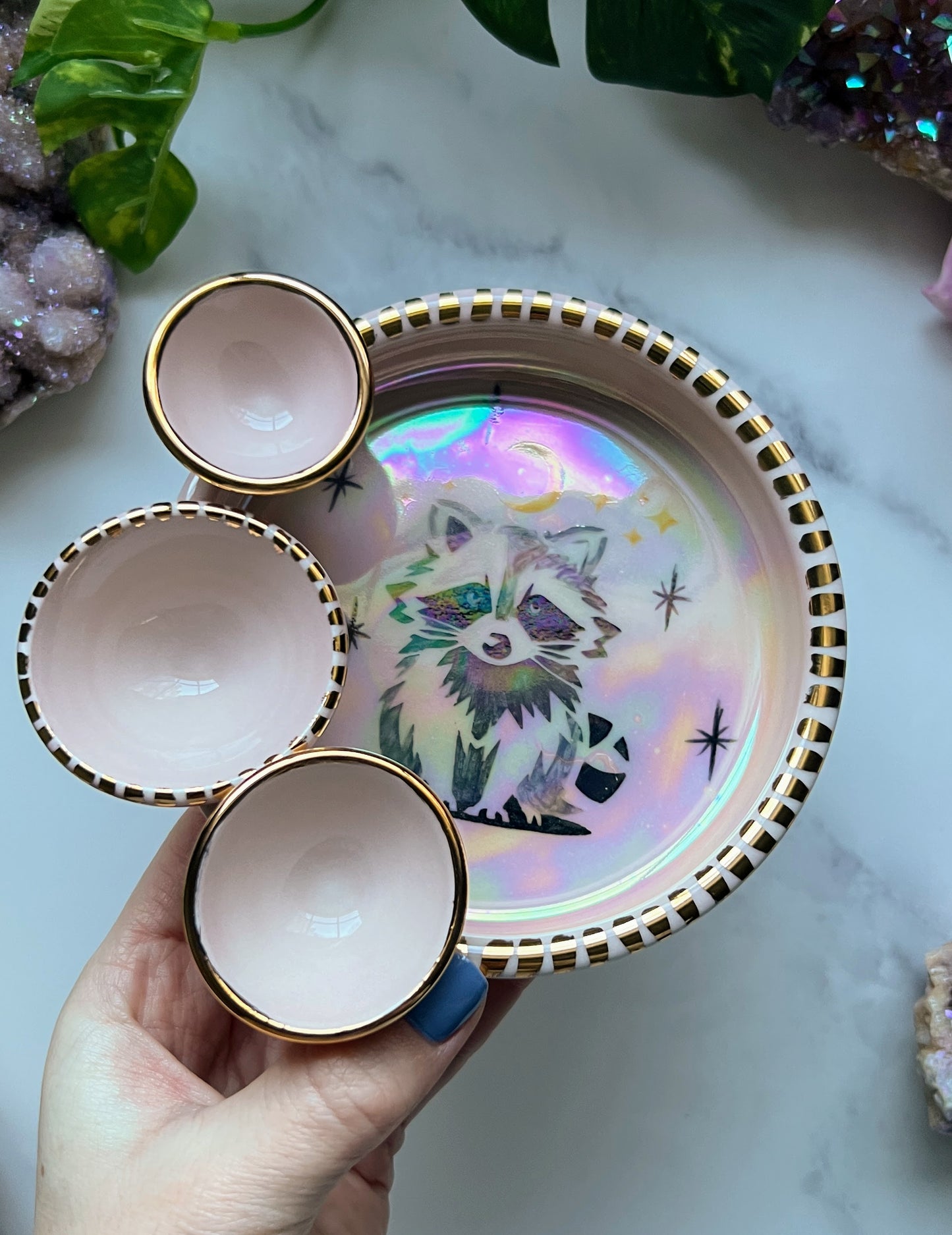 Cute Racoon Tray Irridescent Tray Gold Pink Altar Tray Witchy Jewelry Dish