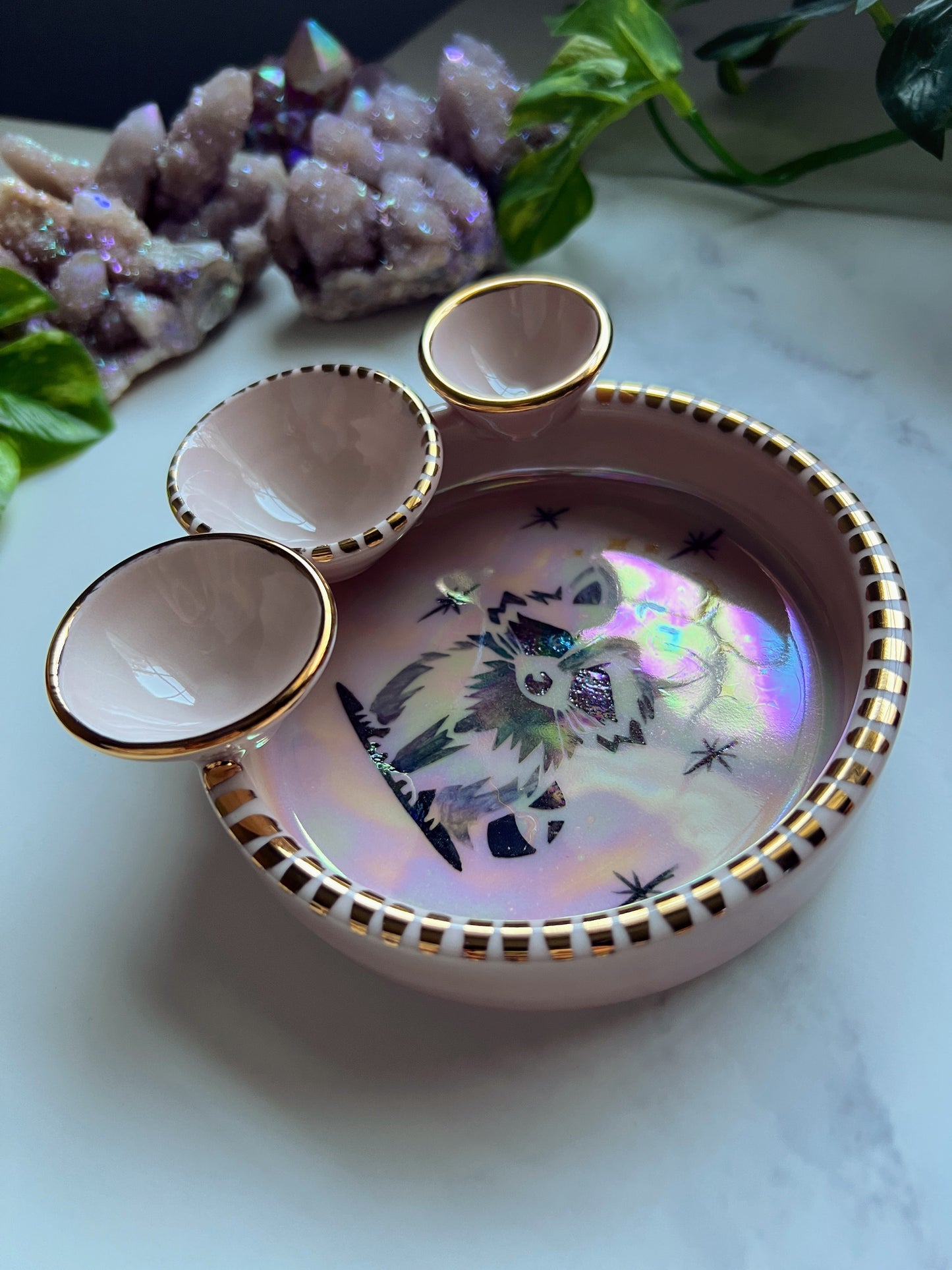 Cute Racoon Tray Irridescent Tray Gold Pink Altar Tray Witchy Jewelry Dish