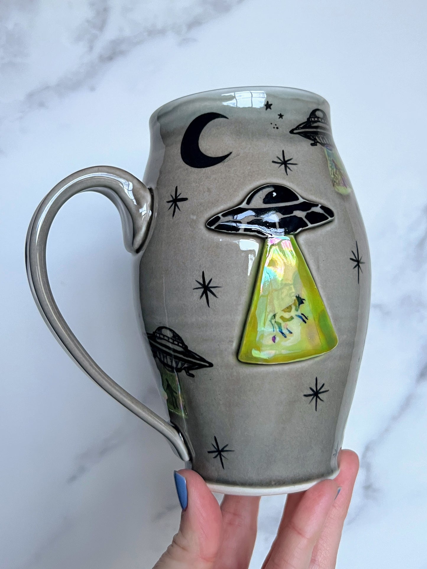 UFO Cow Abduction Porcelain Mug, Pottery Mug, Hand Made Mug