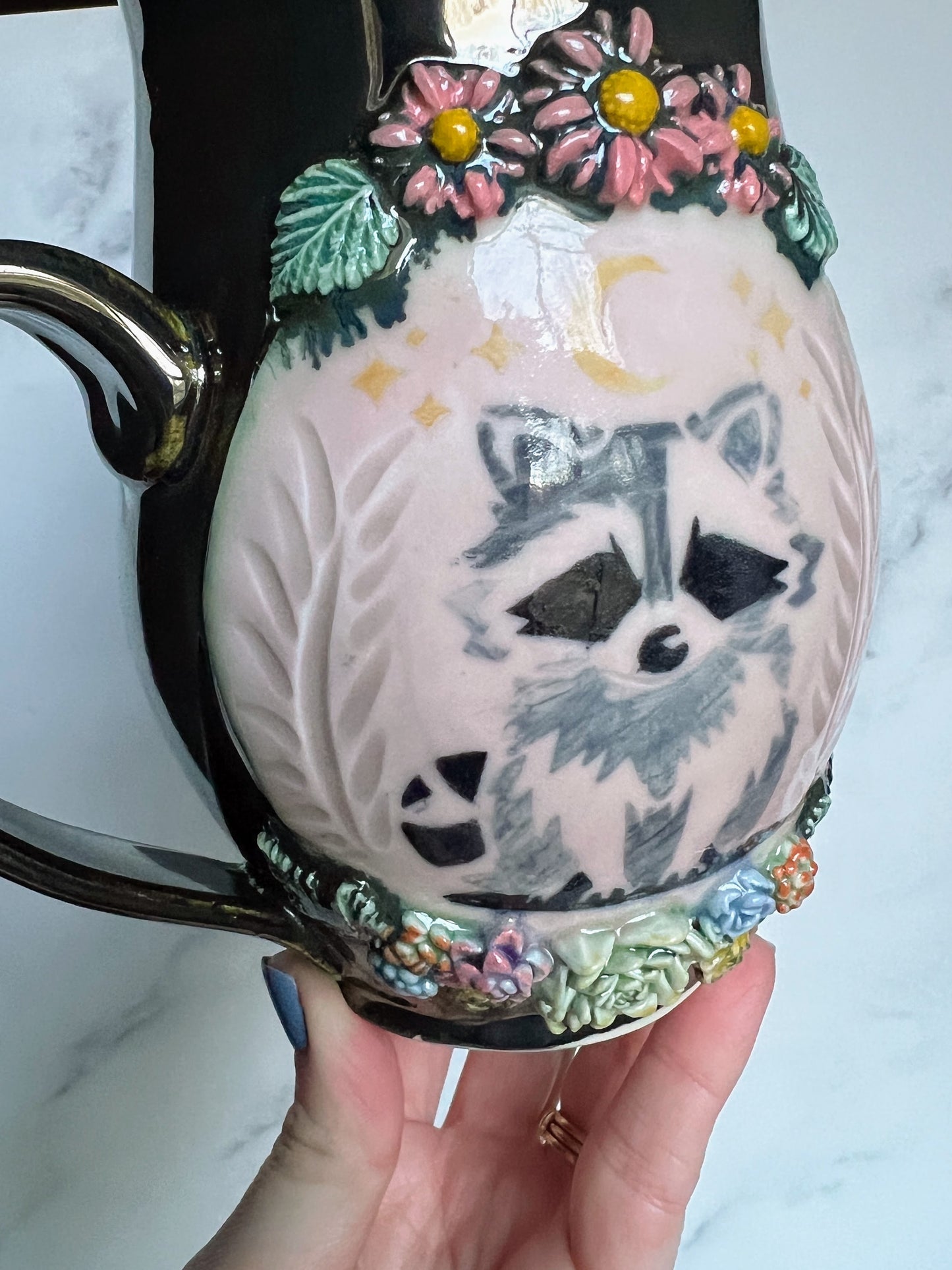 IMPERFECT Racoon Mug, Succulent Porcelain Coffee Mug Pottery clay Mug