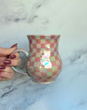 Pink Checkered Mug, Iridescent Porcelain Mug, Pottery Mug